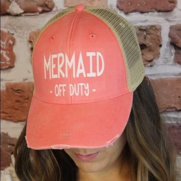 A Mermaid’s Epiphany Accessories - 🆕Mermaid Off Duty Distressed Trucker Hat in Coral